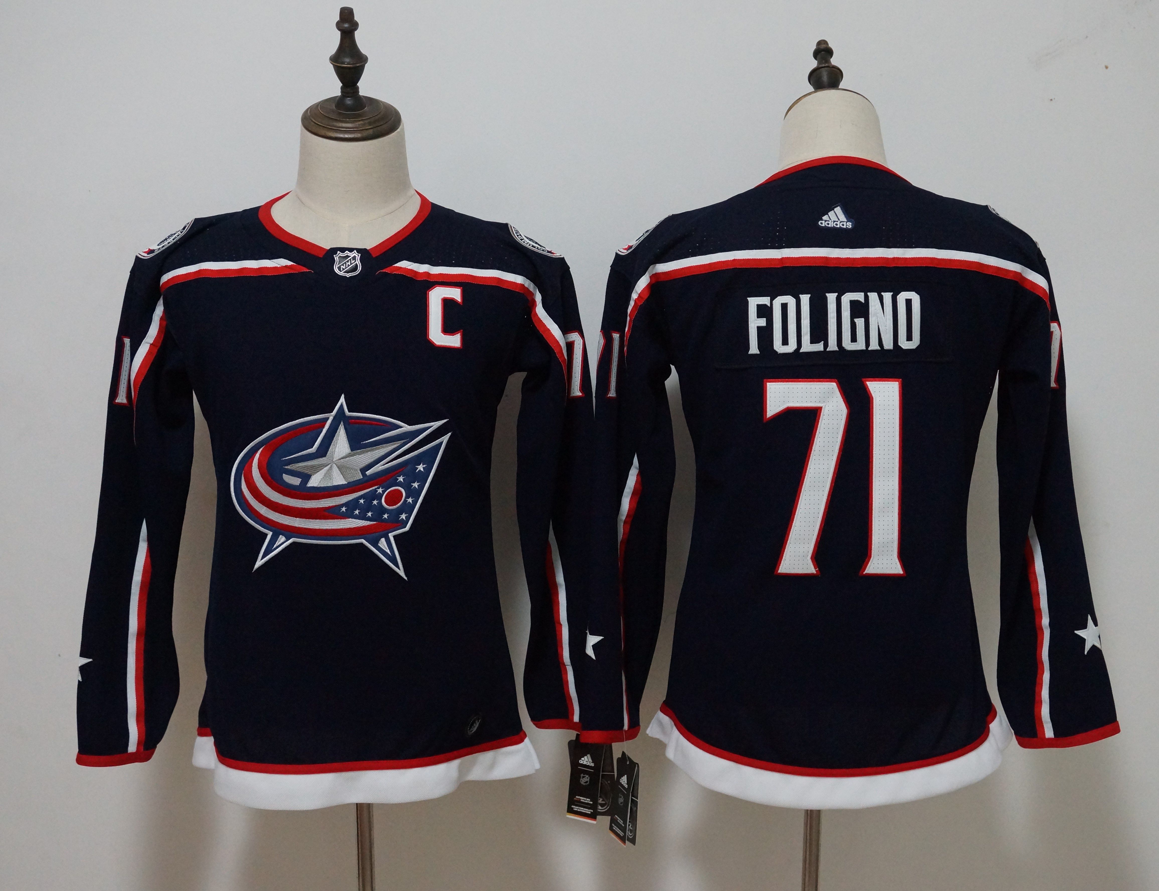 Women Columbus Blue Jackets 71 Foligno Blue Hockey Stitched Adidas NHL Jerseys